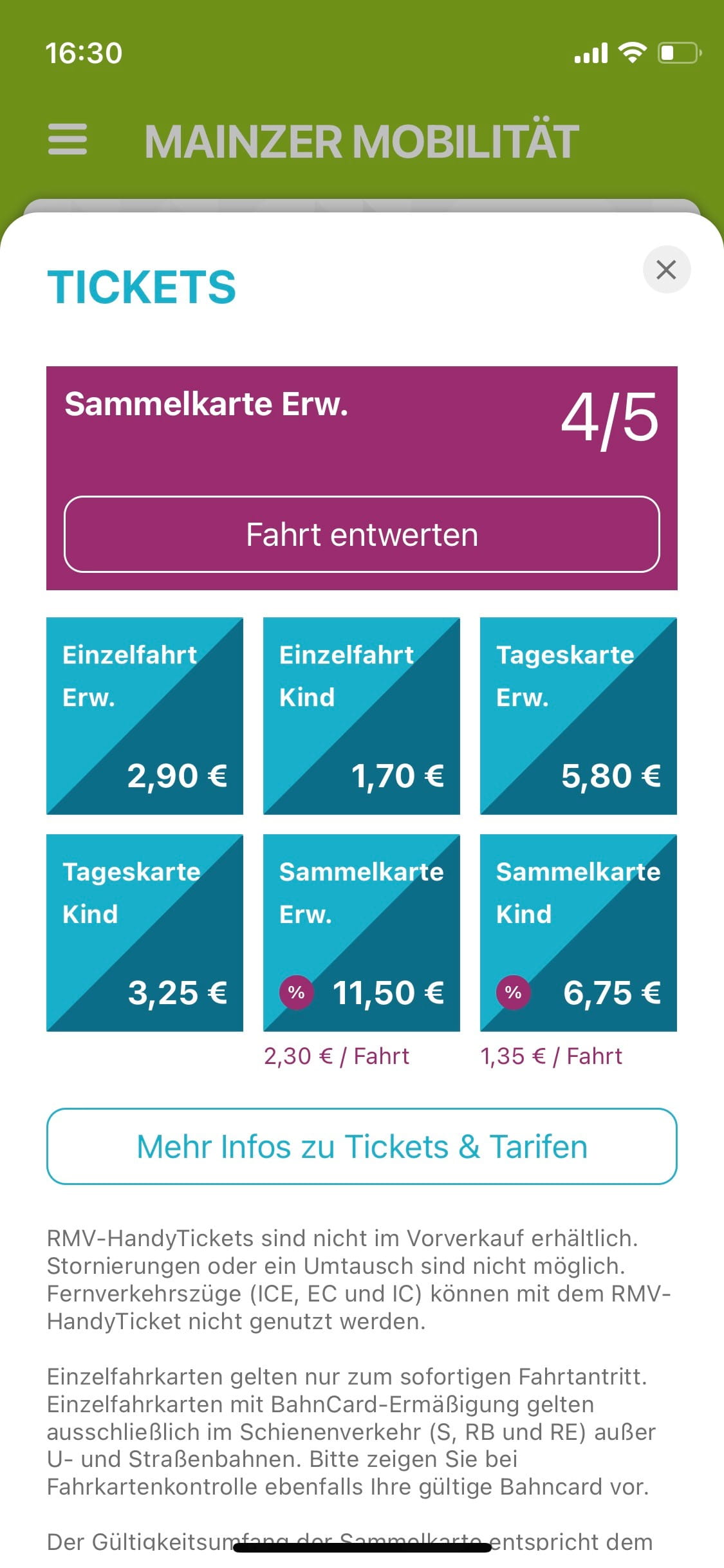 Screenshot vom Ticketkauf