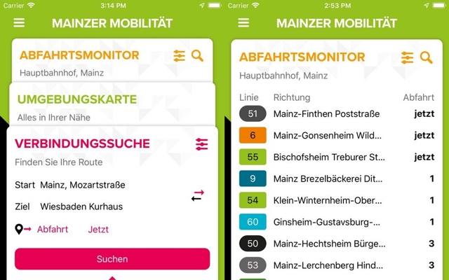 Ausschnitt der Smartphone-App Ausschnitt der Smartphone-App "Mainzer Mobilität"