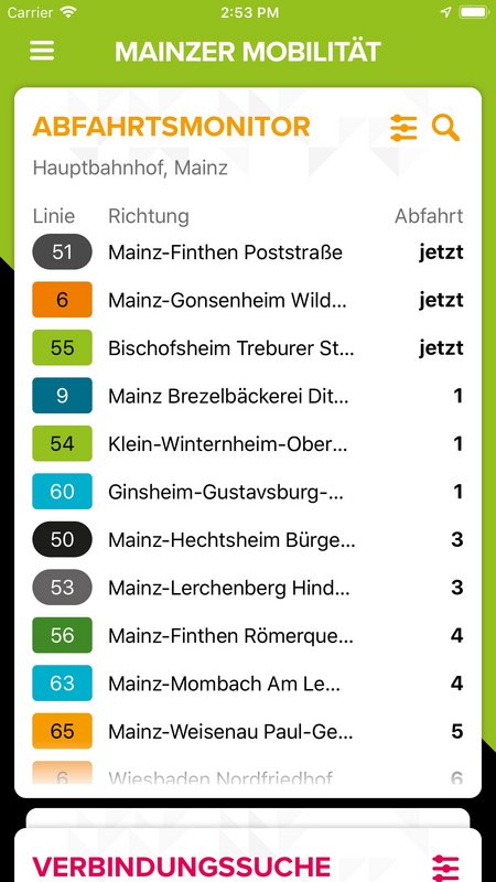 Screenshot der App mit Abfahrtsmonitor