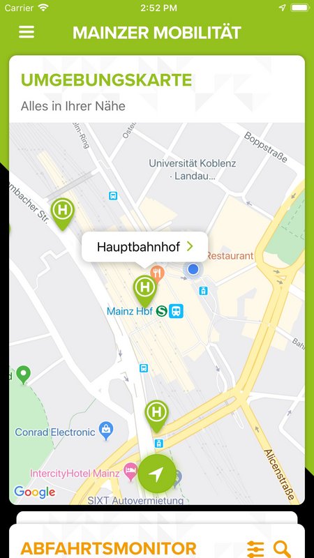 Screenshot der App mit Umgebungskarte