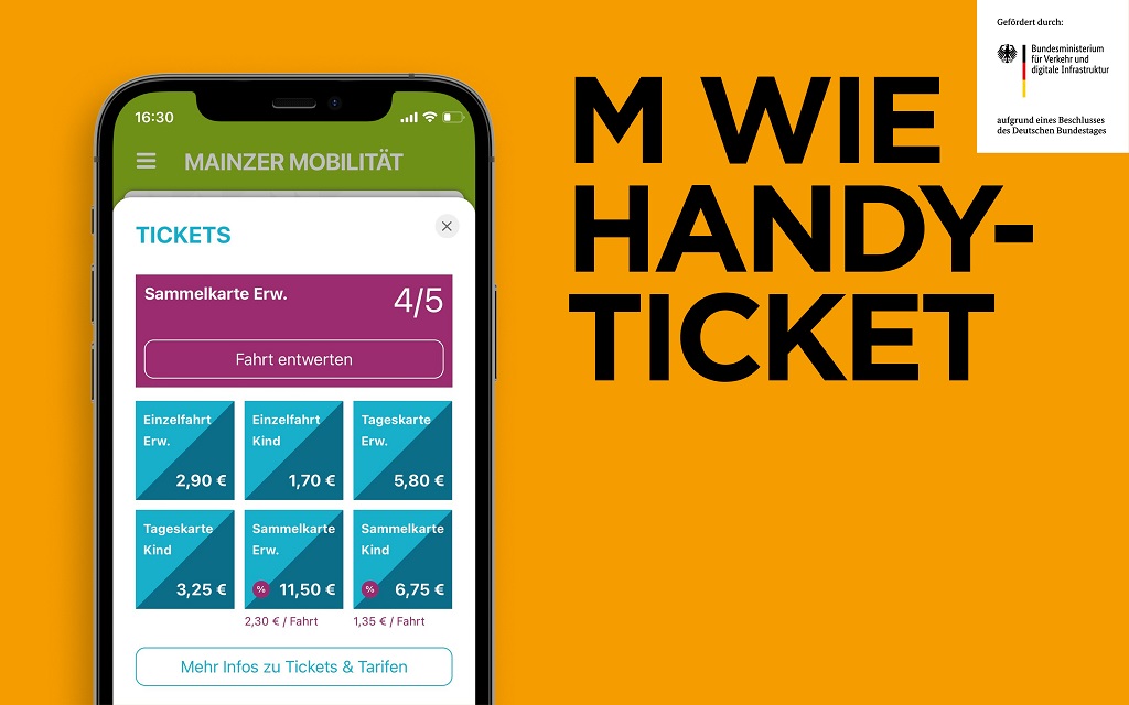 Screenshot von der Ticketübersicht in der App Mainzer Mobilität mit dem Spruch "M wie HandyTicket"