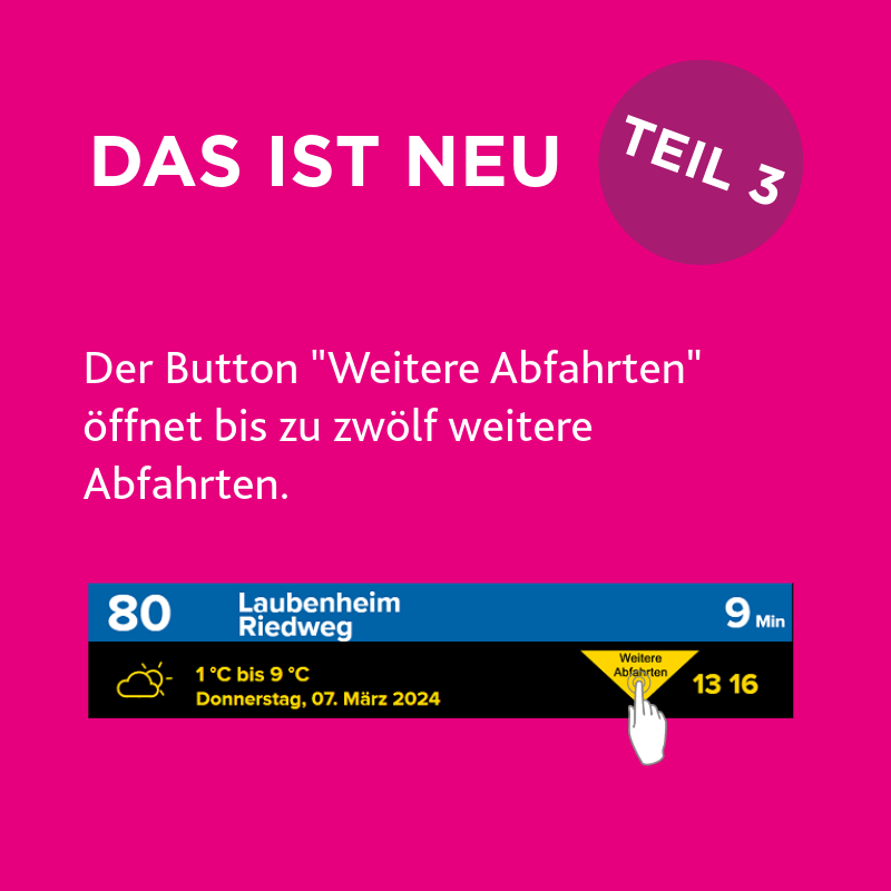 Bild mit einer visualisierten Hand, die auf den neuen Button "Weitere Abfahrten" klickt. Der Button ist barrierearm über das Menü unter "Weitere Infos" und "Weitere Abfahrten" abrufbar.