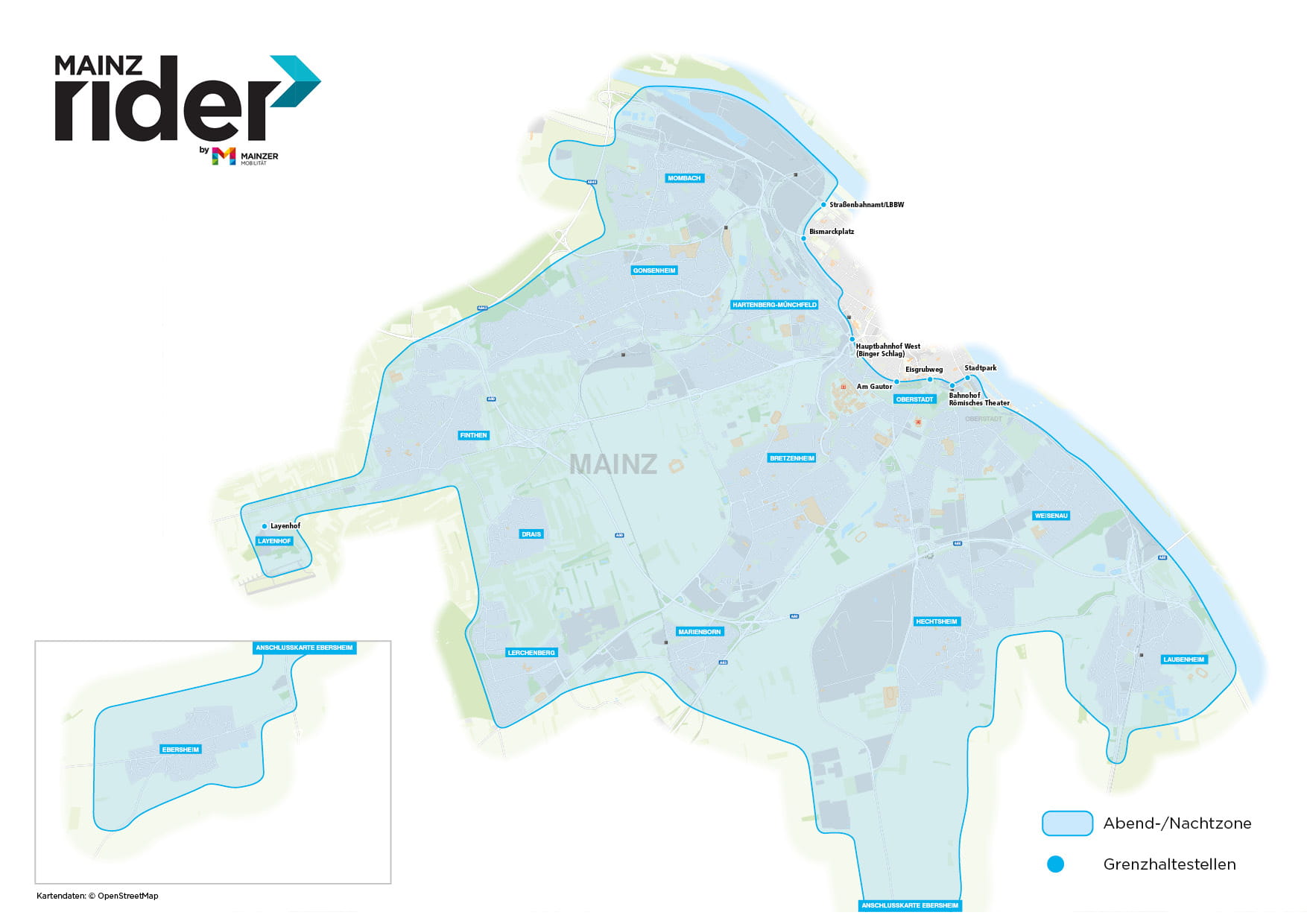 Karte des Bediengebiets des MainzRIDERs