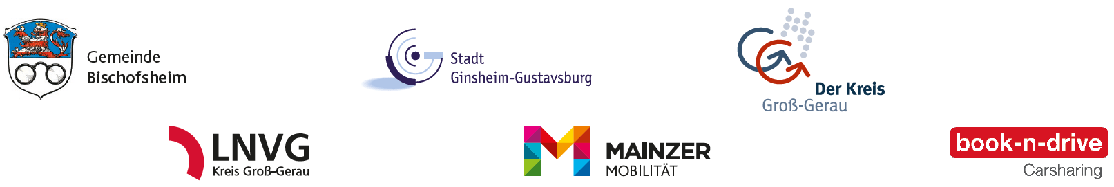 Logos der Gemeinde Bischofsheim, Stadt Ginsheim-Gustavsburg, Kreis Groß-Gerau, LNVG Kreis Groß-Gerau, Mainzer Mobilität und von book-n-drive