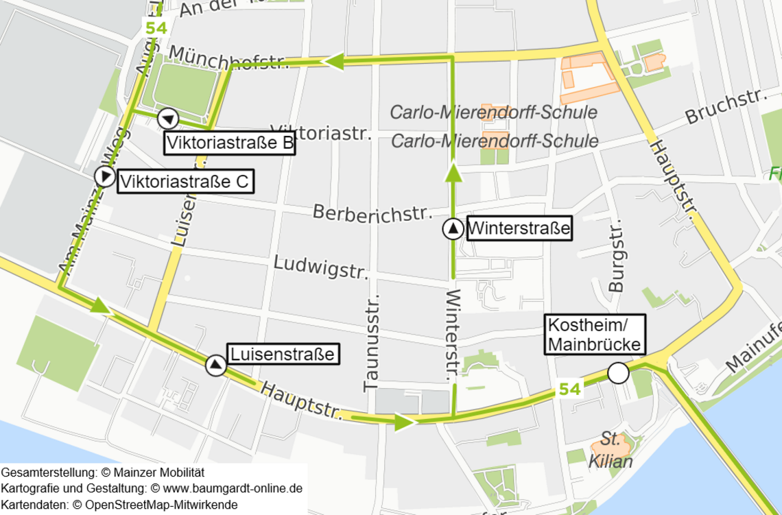 Kartenausschnitt mit der Umleitung der Linie 54 in Mainz-Kostheim