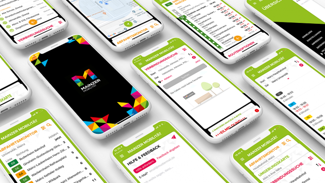 Mockup mit Smartphones und Screens der App "Mainzer Mobilität"