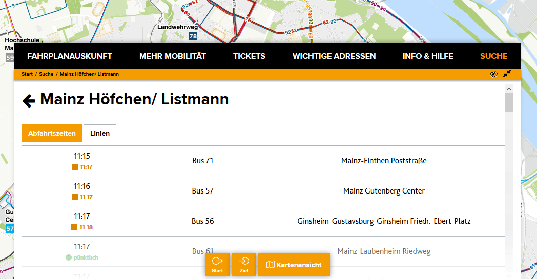 Screenshot vom Abfahrtsmonitor im Mobilitätsplaner