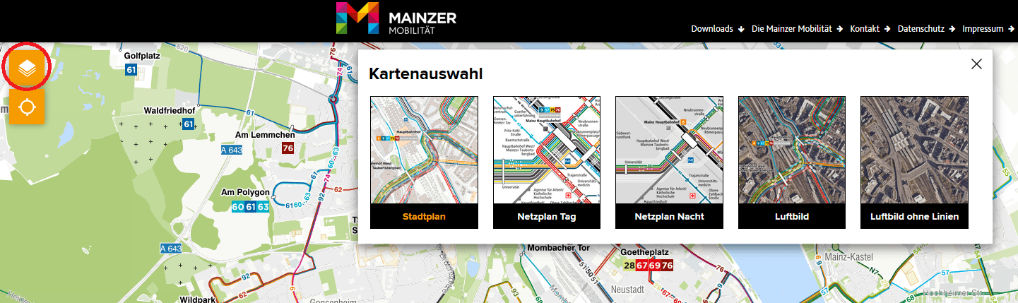 Screenshot vom Kartenwechsler im Mobilitätsplaner