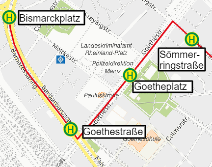 Strecke der Linie 28 zwischen Goethestraße und Bismarckplatz