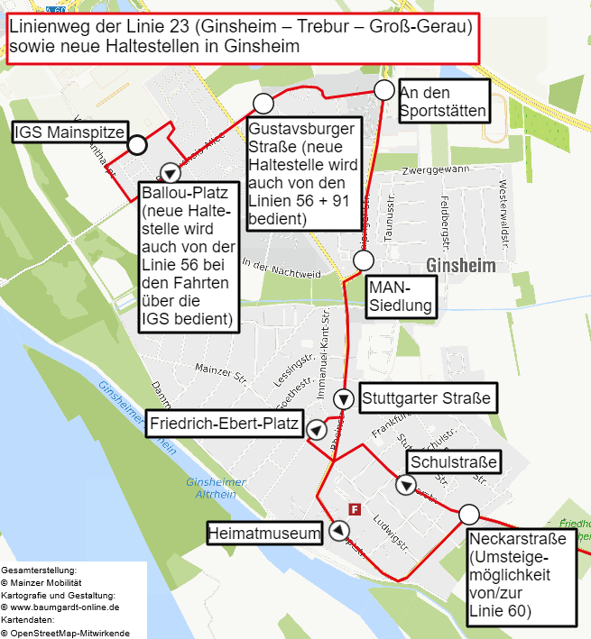 Strecke der LNVG-Linie 23 sowie neue Haltestellen in Ginsheim