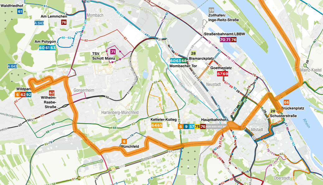 Skizze Linienweg der Linie 6 im Mobilitätsplaner