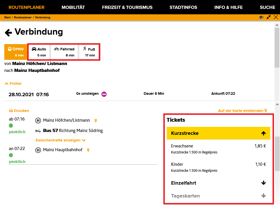 Screenshot vom Mobilitätsplaner