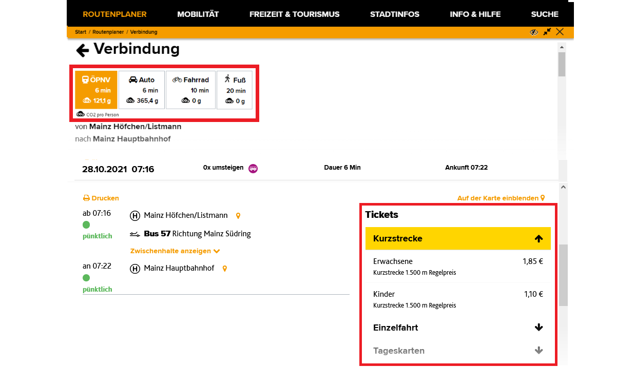 Screenshot Verbindungsauskunft mit CO2-Fußabdruck und Preisauskunft