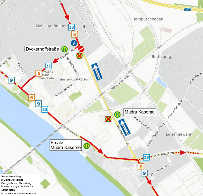 Skizze der Umleitungen der Linien 6, 9 und 33