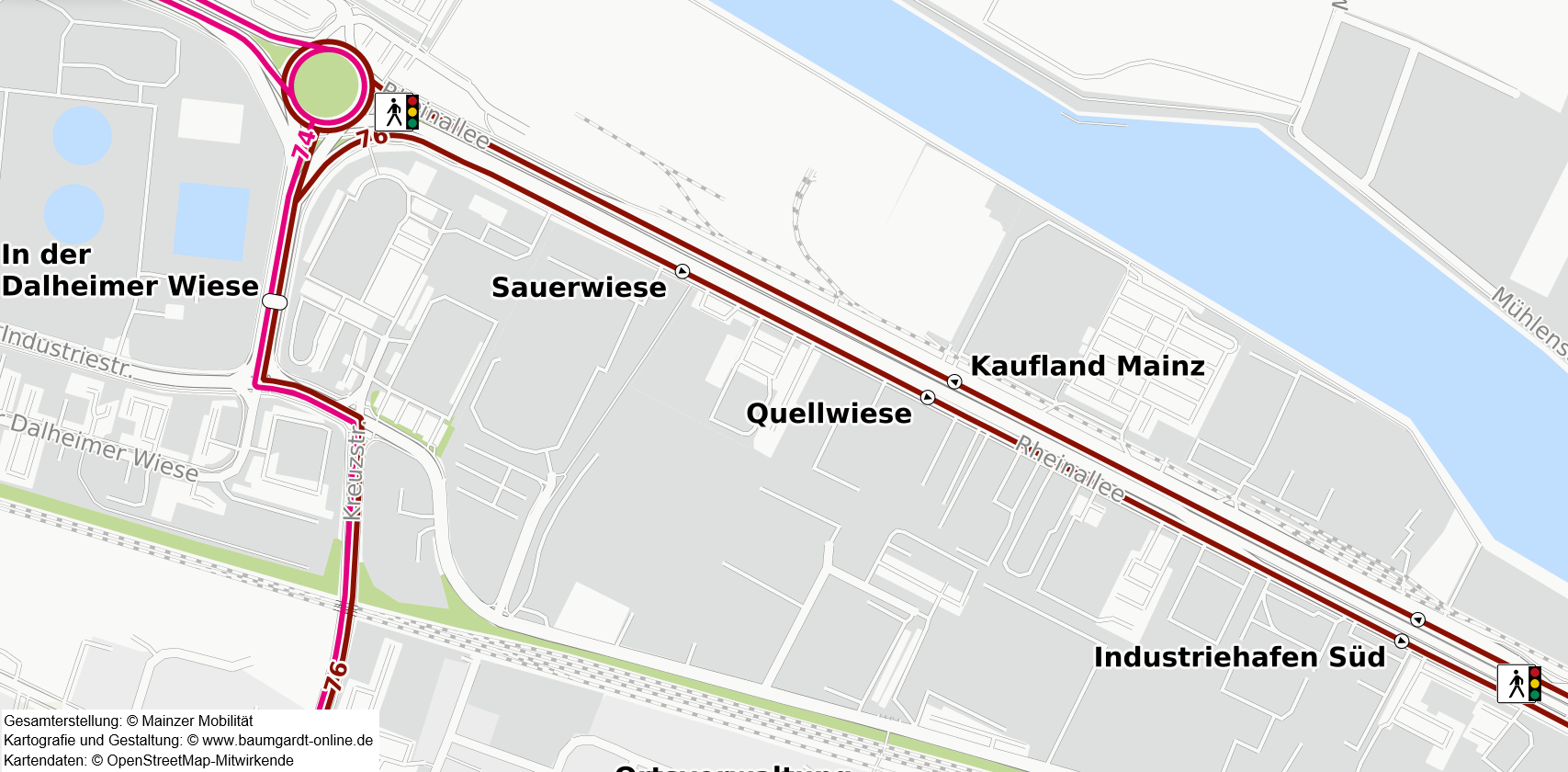 Skizze der nördlichen Rheinallee mit den Querungsmöglichkeiten