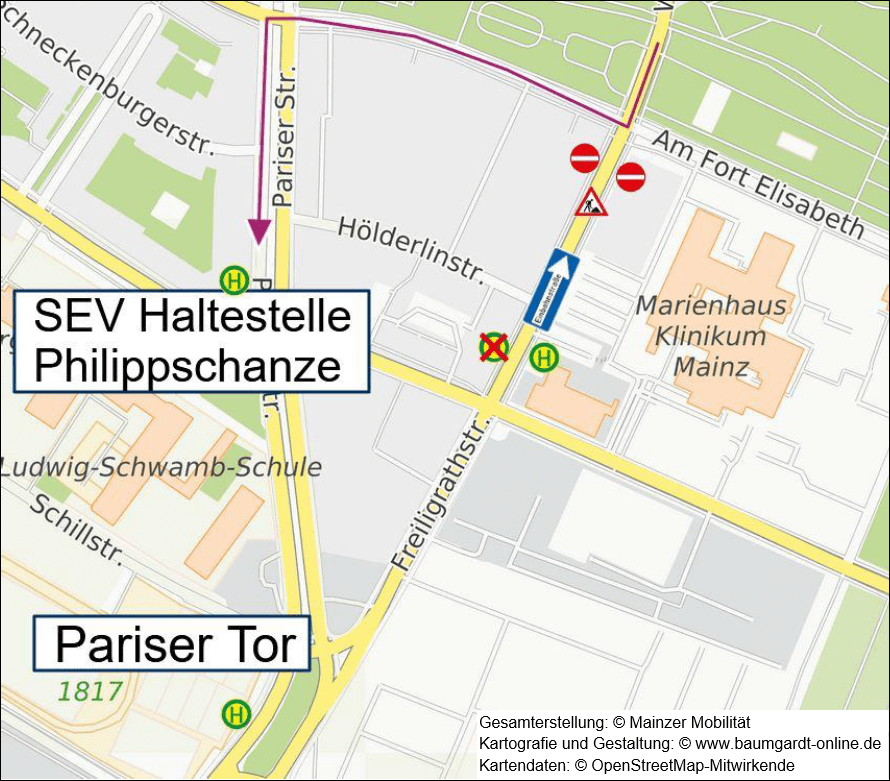Skizze Umleitung Oberstadt Freiligrathstrasse