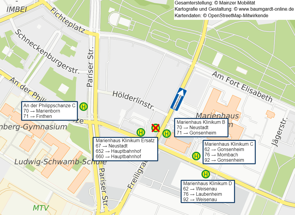 Skizze der verlegten Haltestellen am Marienhaus Klinikum