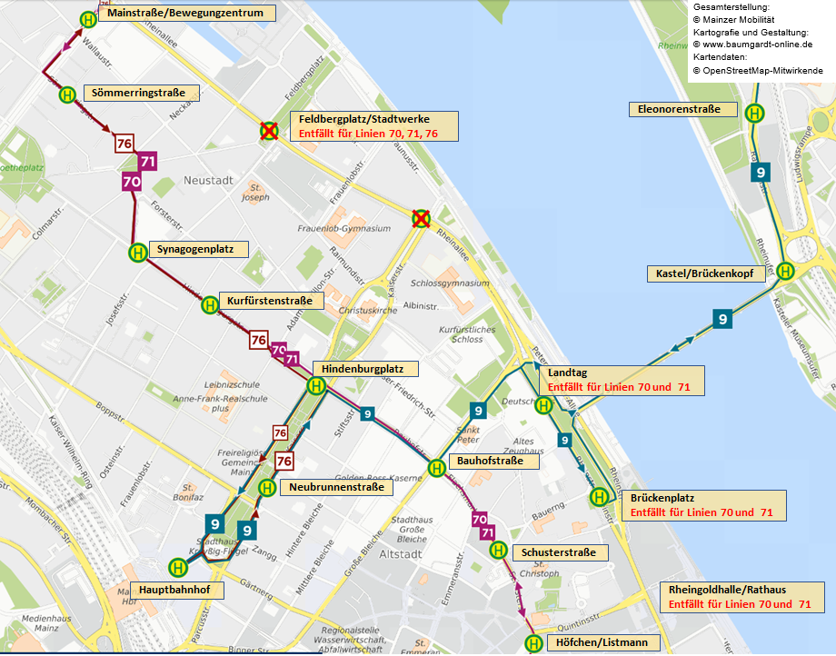 Skizze der Umleitung der Linien 9, 70, 71 und 76 in der Innenstadt