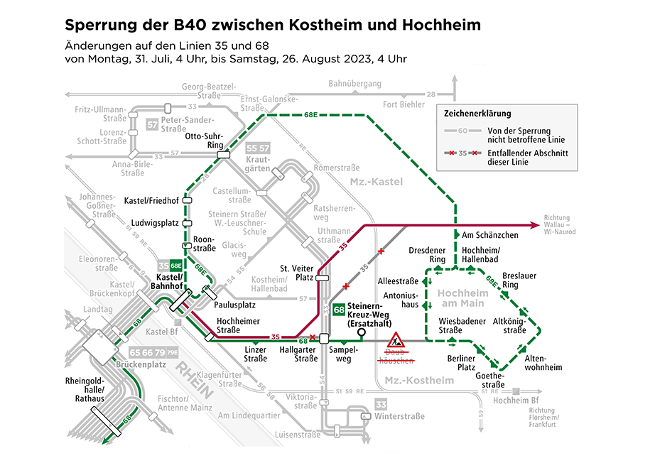 Skizze Sperrung B40 zwischen Hochheim und Kostheim