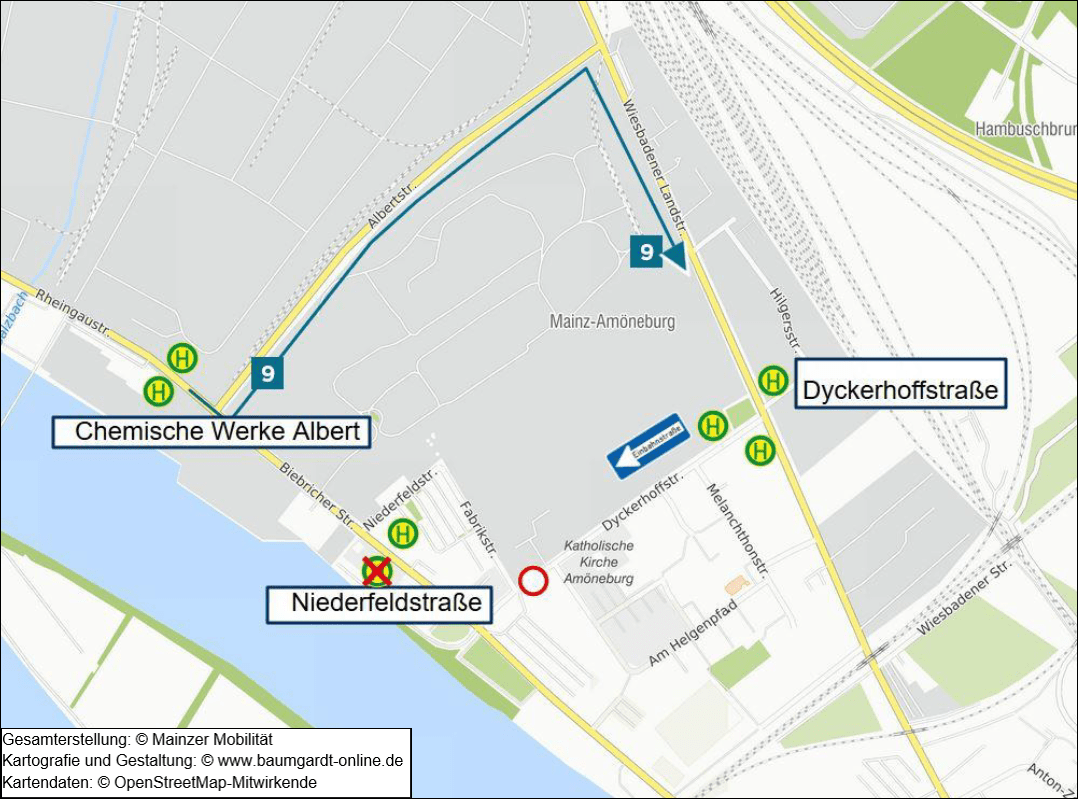 Skizze Umleitung Linie 9 Dyckerhoffstrasse