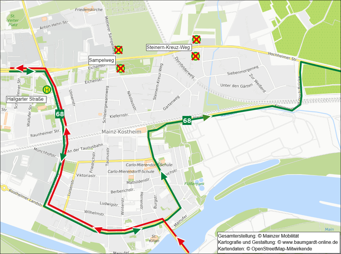 Skizze der Umleitung Kostheim Linie 68