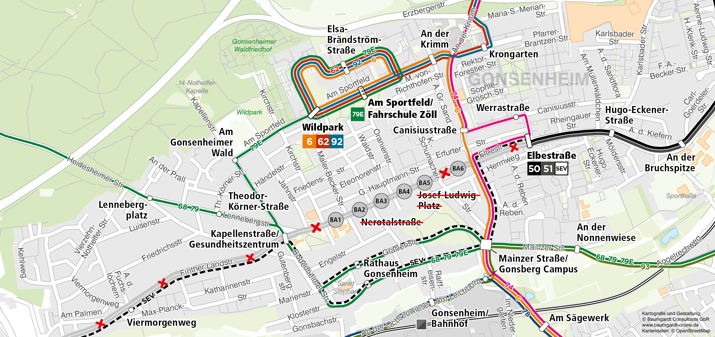 Skizze der Umleitung der Bus- und Straßenbahnlinien