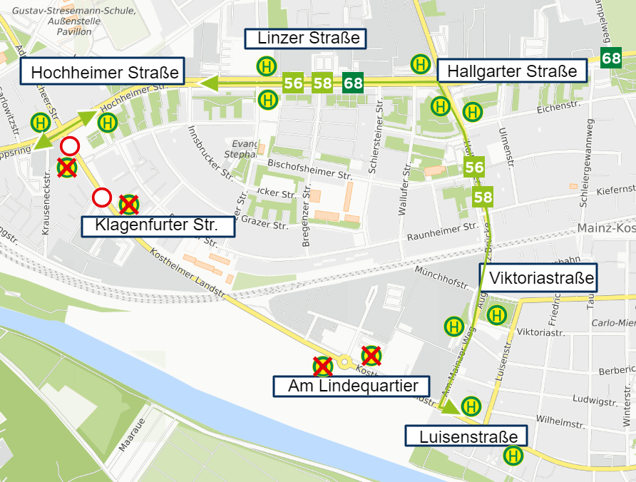 Skizze der Umleitung wegen Sperrung der Kostheimer Landstraße ab 10.5.2024