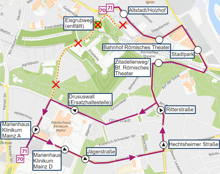 Bild mit einer Skizze der Umleitungen der Linien 70 & 71 in der Oberstadt