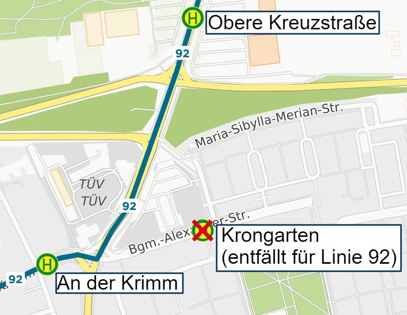 Skizze, in der die Haltestelle Krongarten durchgestrichen und die Haltestelle An der Krimm sichtbar ist
