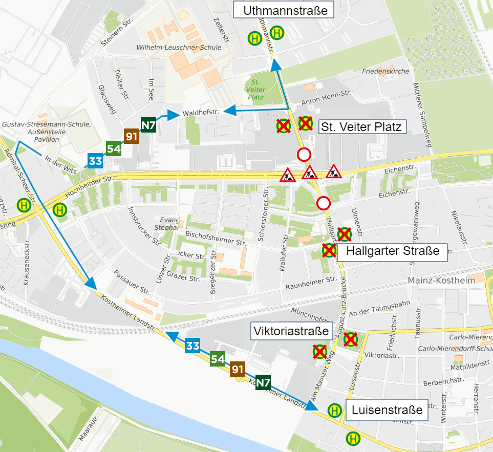 Skizze der Umleitung. Die Haltestellen Sankt Veiter Platz, Hallgarter Straße und Viktoriastraße entfallen