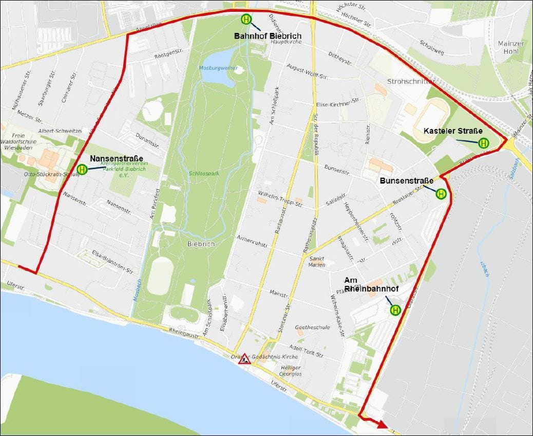 Umleitungsskizze der Linie 9 in Biebrich - Fahrtrichtung Mainz