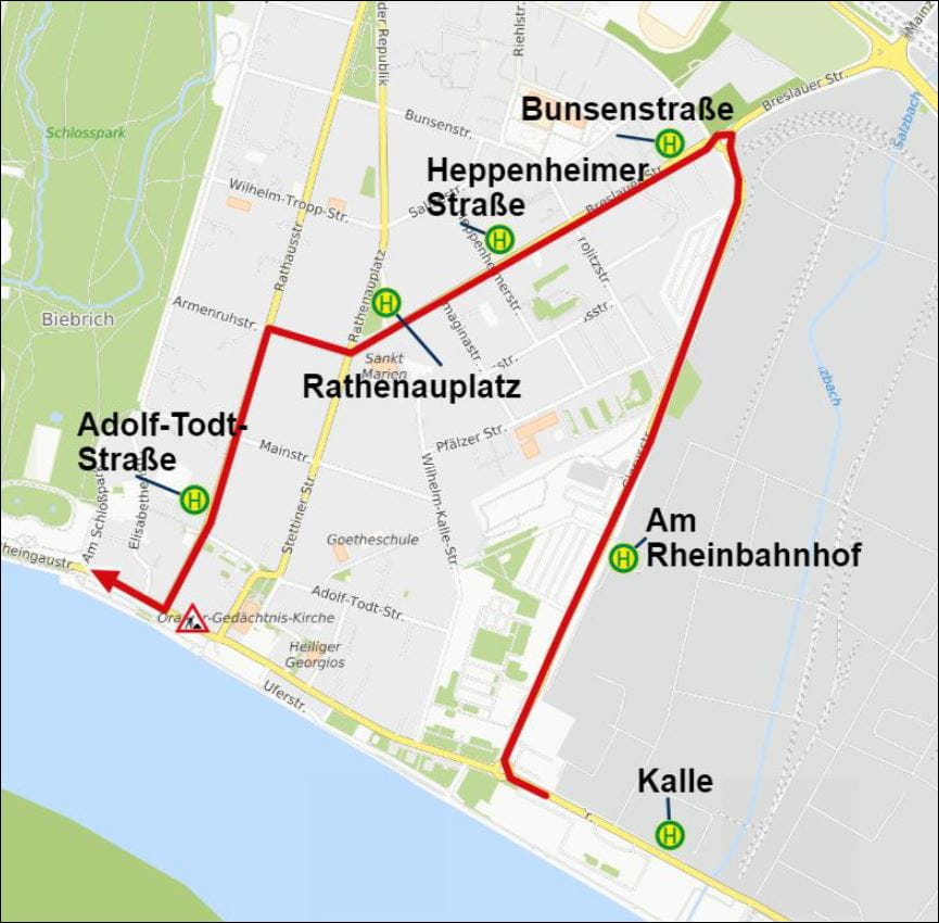 Skizze zur Umleitungsstrecke der Linie 9 in Biebrich in Richtung Schierstein