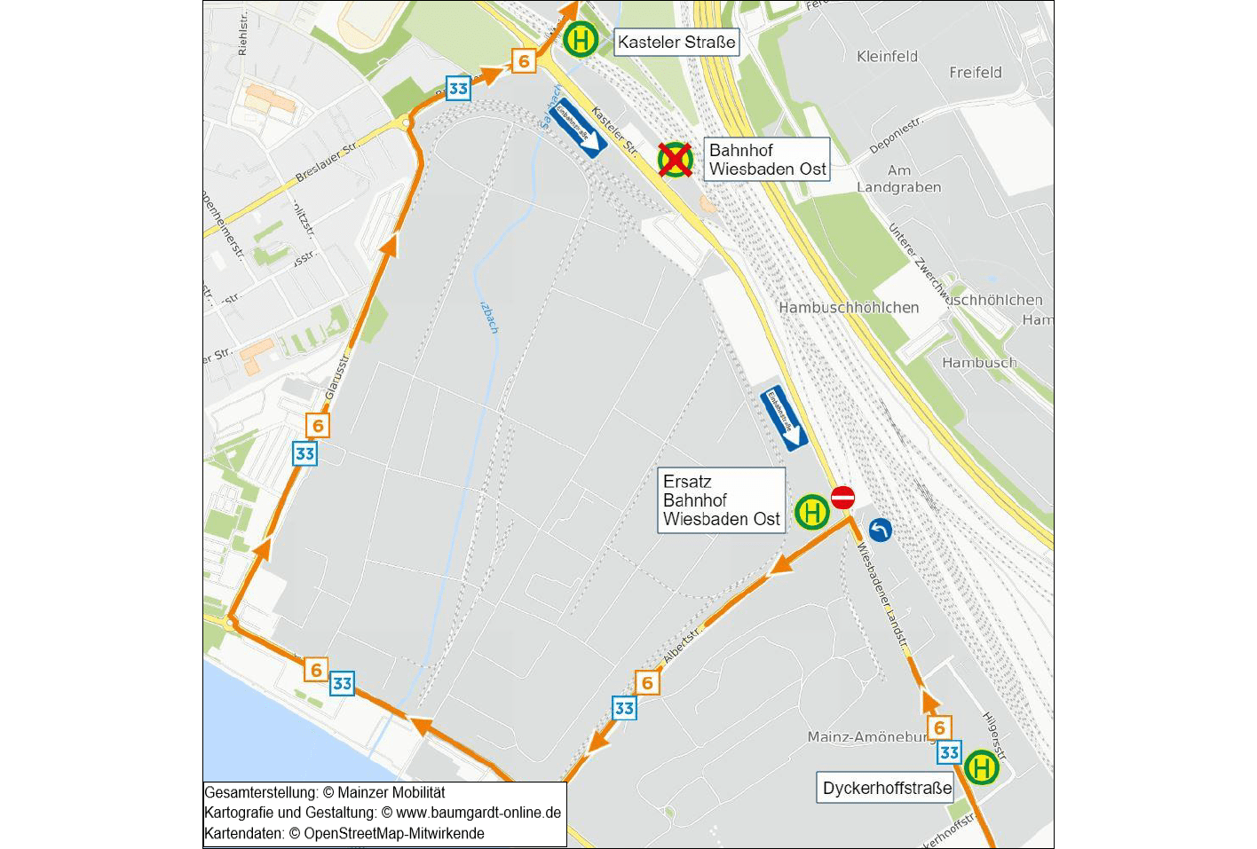 Umleitungsskizze der Linien 6 und 33 am Bahnhof Wiesbaden Ost