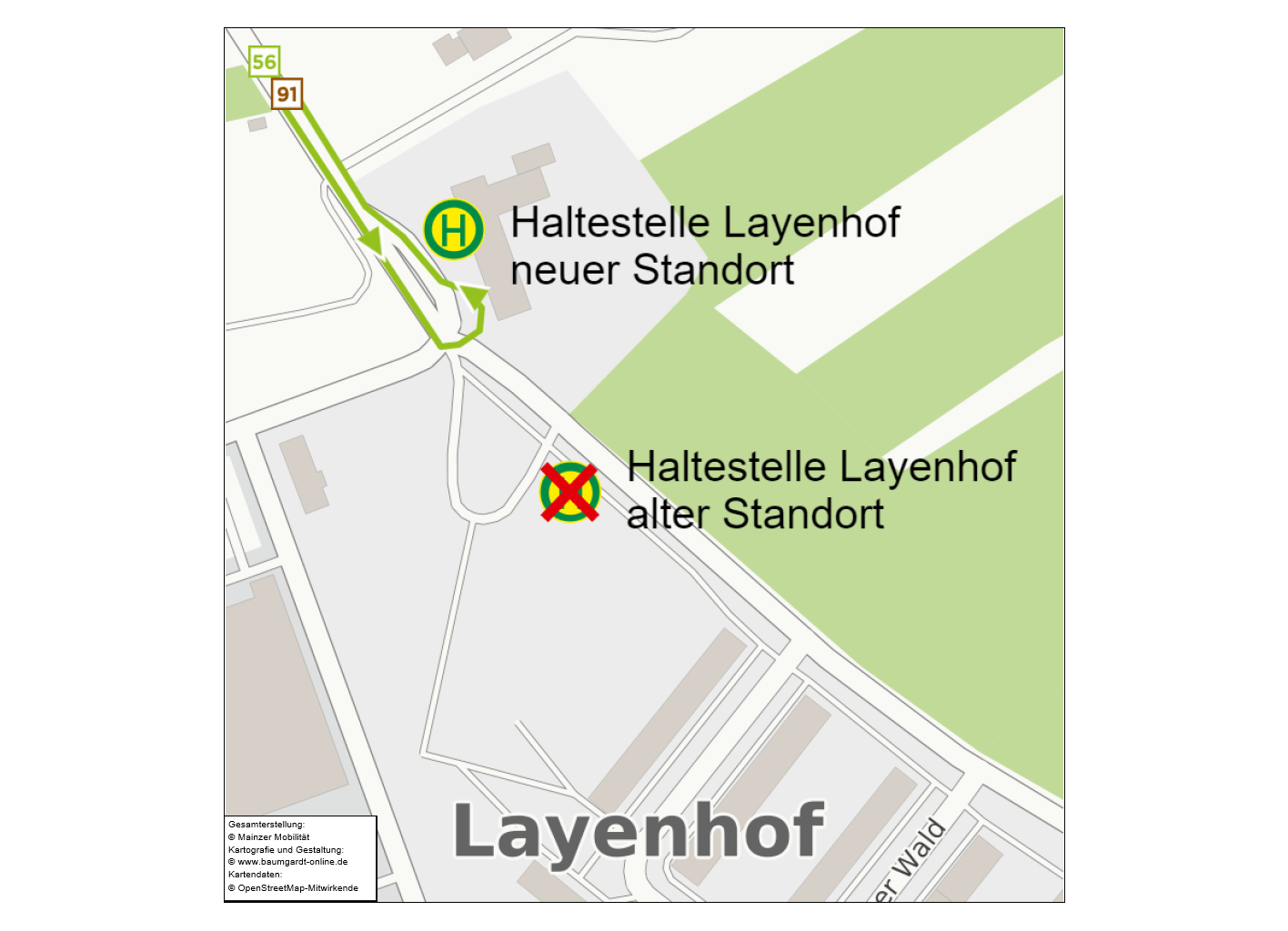 Skizze zur dauerhaft verlegten Haltestelle Layenhof in Mainz-Finthen