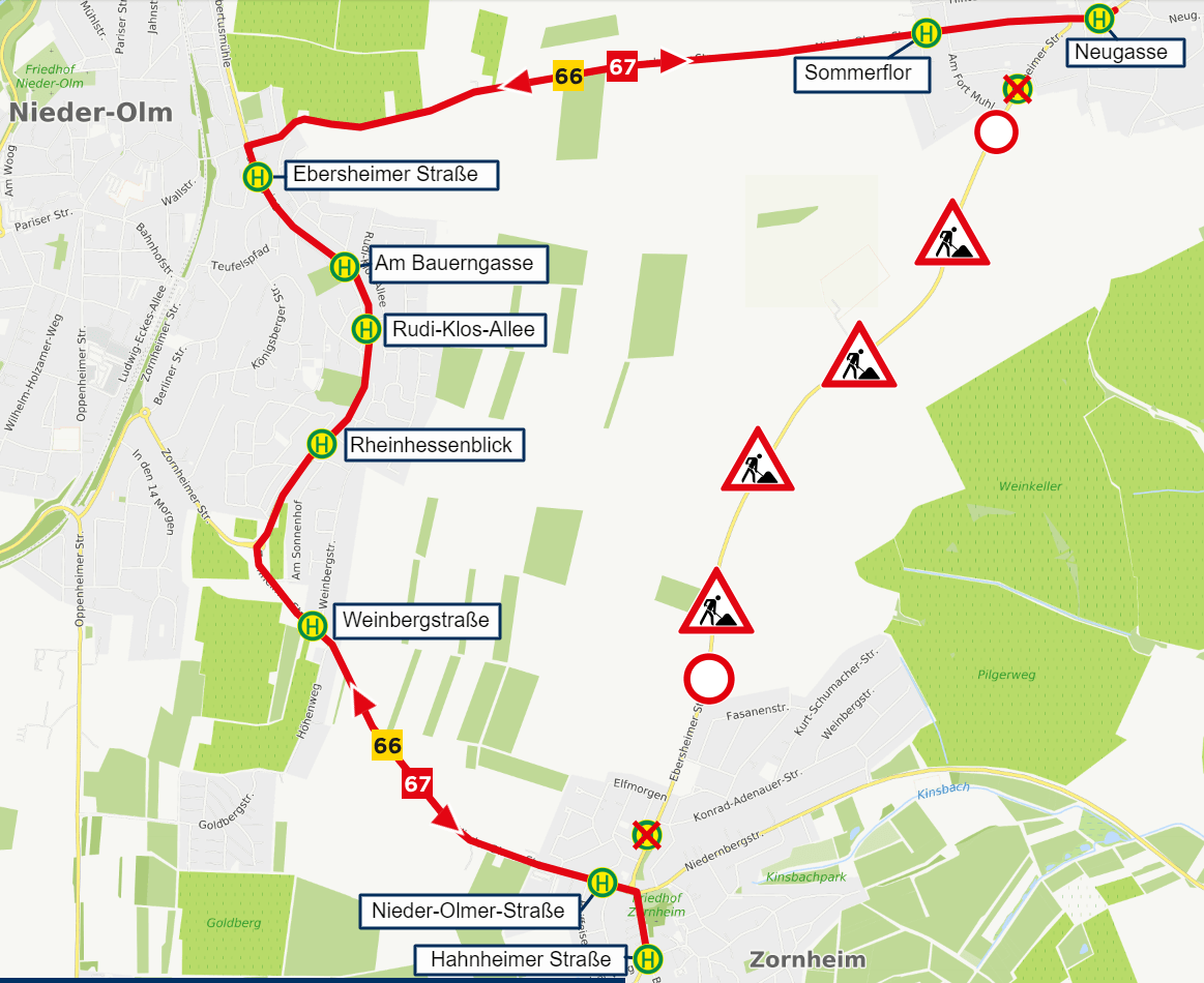 Skizze der Umleitung der Linien 66 und 67