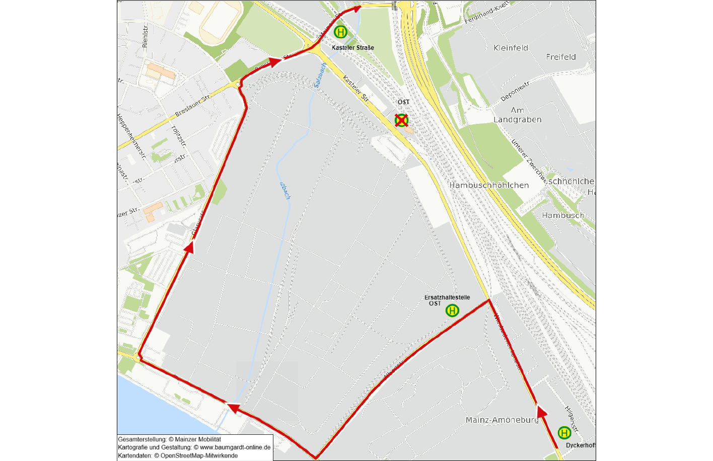 Umleitungsskizze Linien 6 und 33 in Wiesbaden Kastel