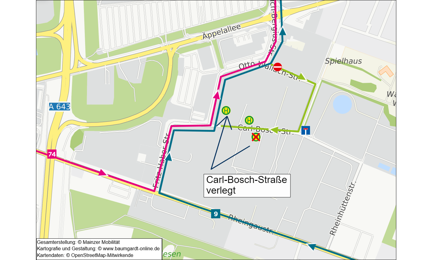 Umleitungsskizze Linien 9 und 74 ueber Otto-Walach-Strasse