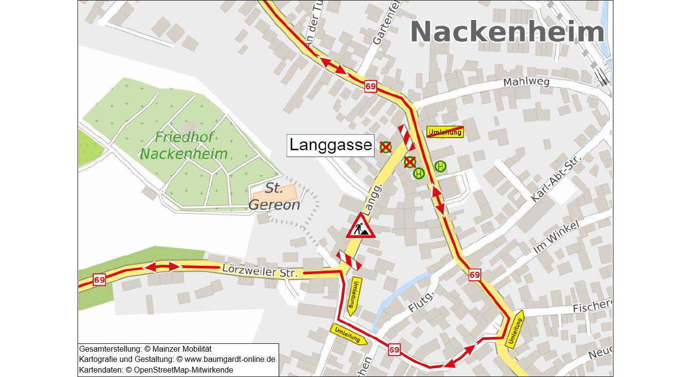Umleitungsskizze Linie 69 in Nackenheim wegen Strasseneinbruch