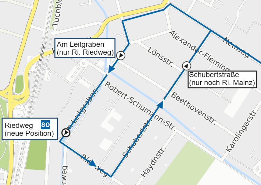 Skizze des neuen Linienwegs der Linie 80 in Laubenheim