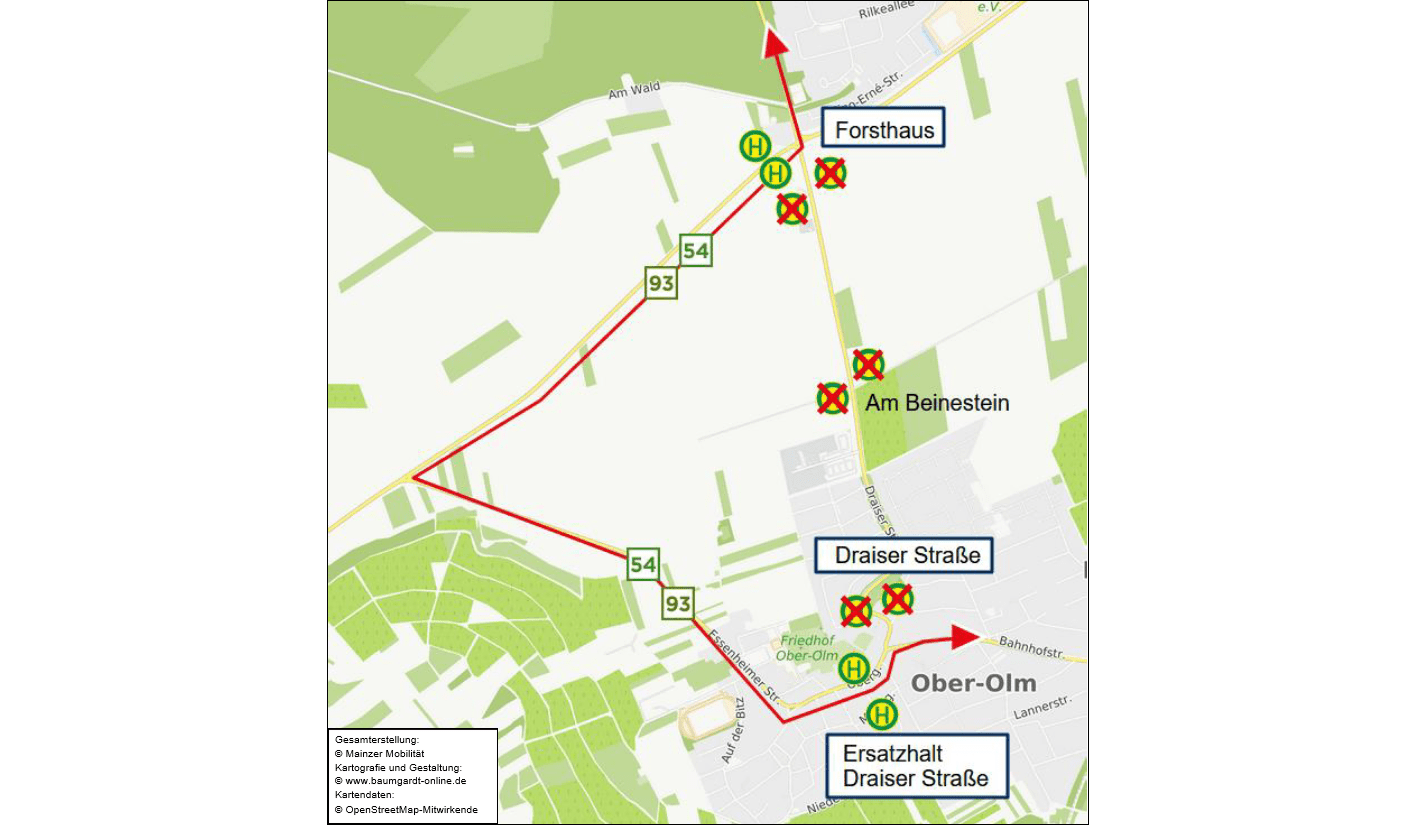 Umleitungsskizze wegen Sperrung der Draiser Strasse in Ober-Olm