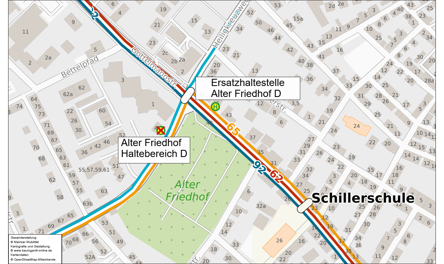 Skizze der verlegten Haltestelle Alter Friedhof in Weisenau