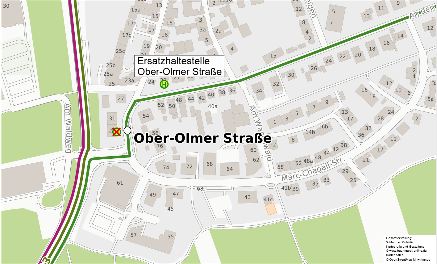 Skizze Verlegung der Haltestelle Ober-Olmer Strasse in Drais