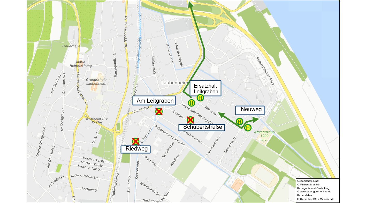 Skizze der Linie 80 mit Umleitung in Laubenheim