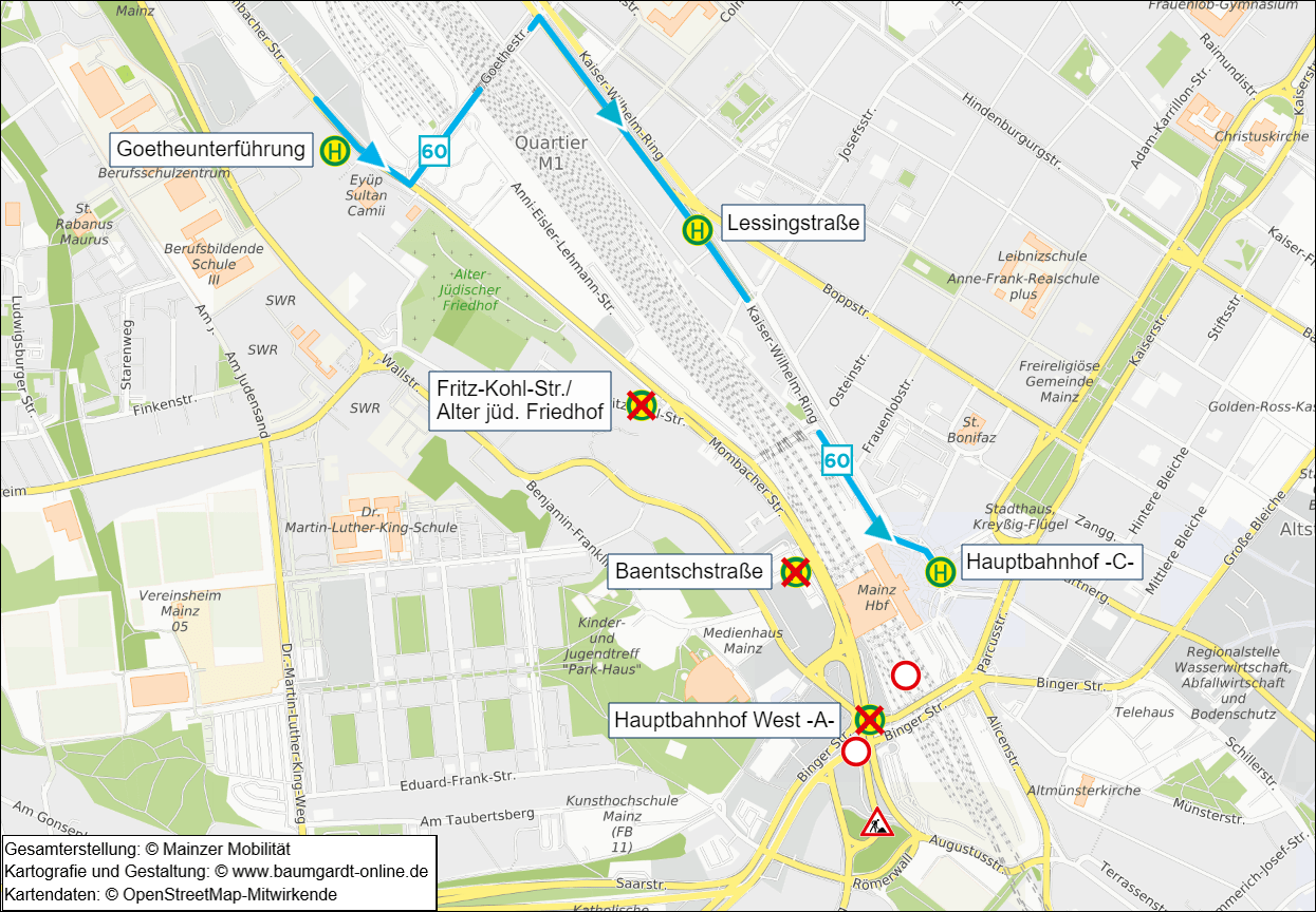Skizze zur Umleitung der Linie 60 wegen der Sperrung der Mombacher Strasse