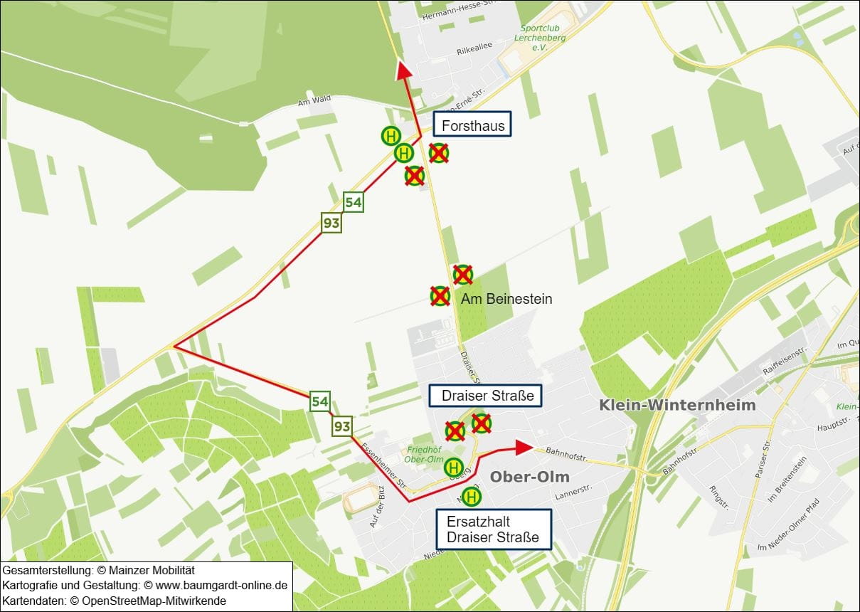 Umleitungsskizze der Linien 54 und 93 in Ober-Olm