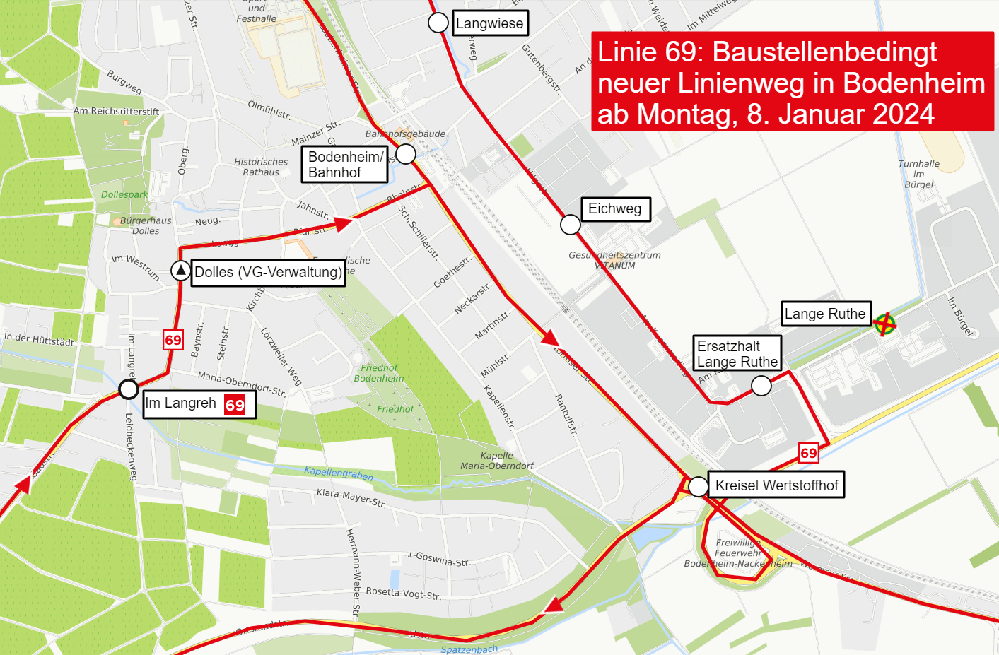 Skizze des Linienwegs der Linie 69 in Bodenheim
