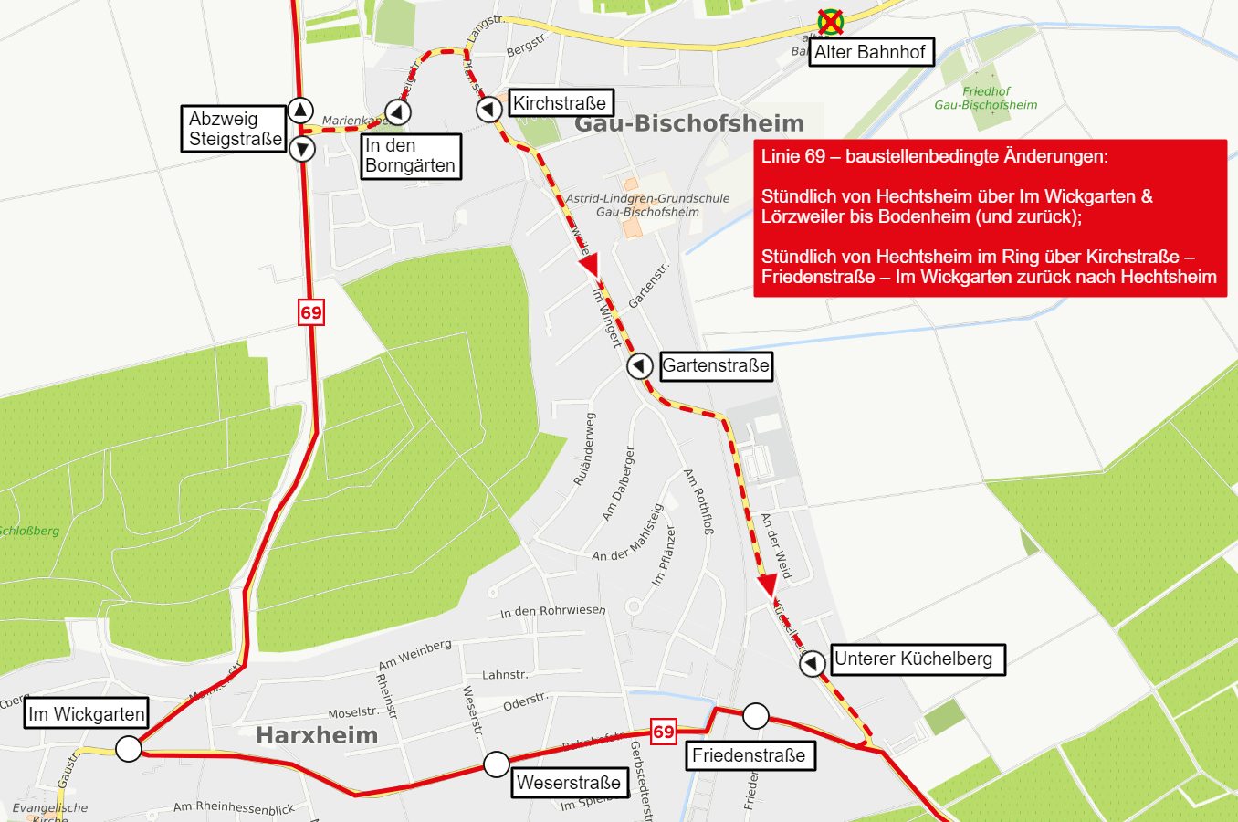 Skizze des Linienwegs der Linie 69 in Gau-Bischofsheim & Harxheim