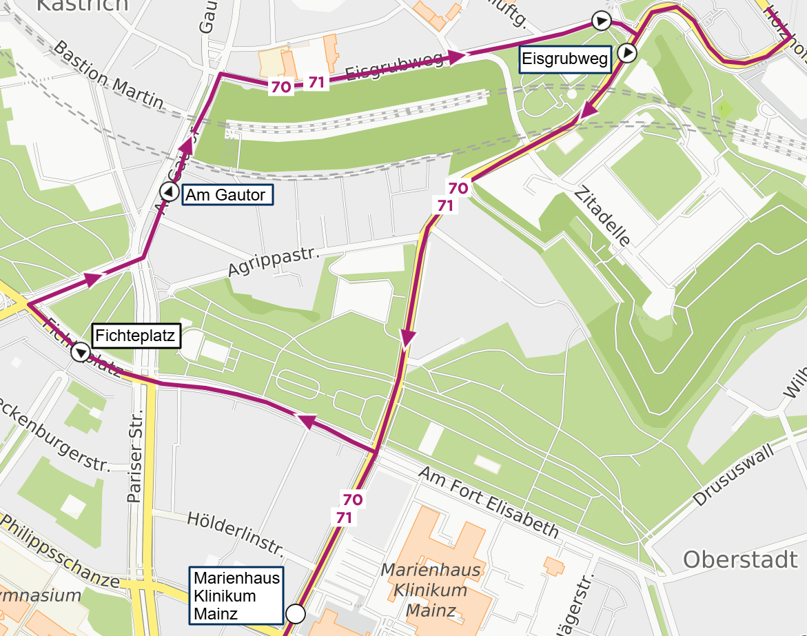 Skizze der Umleitung der Linien 70 und 71 in der Oberstadt