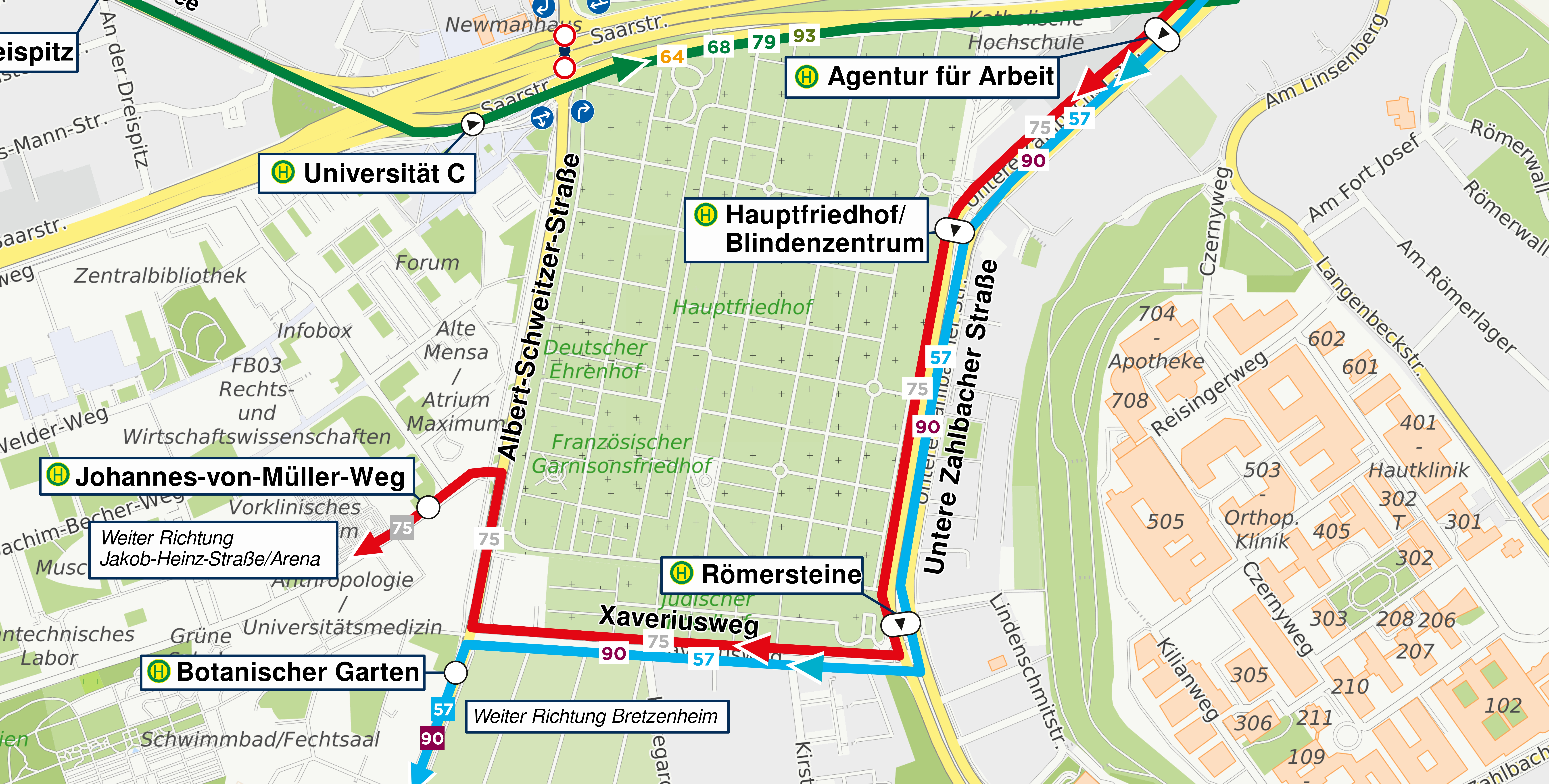 Skizze der Umleitungen der Linien 57, 75 und 90 in Phase 1