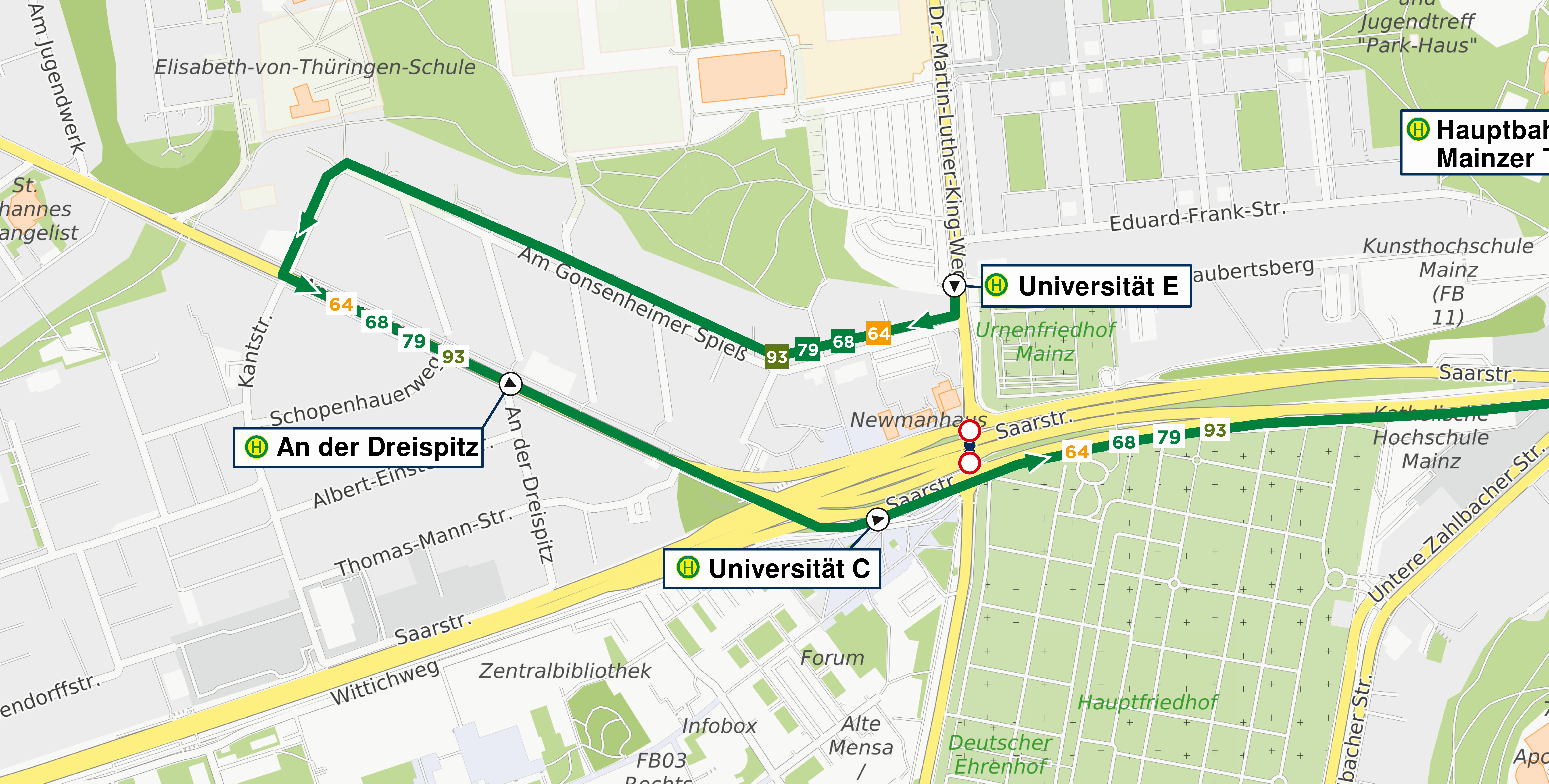 Skizze der Umleitungen der Linien 64, 68, 79 und 93 in Phase 1